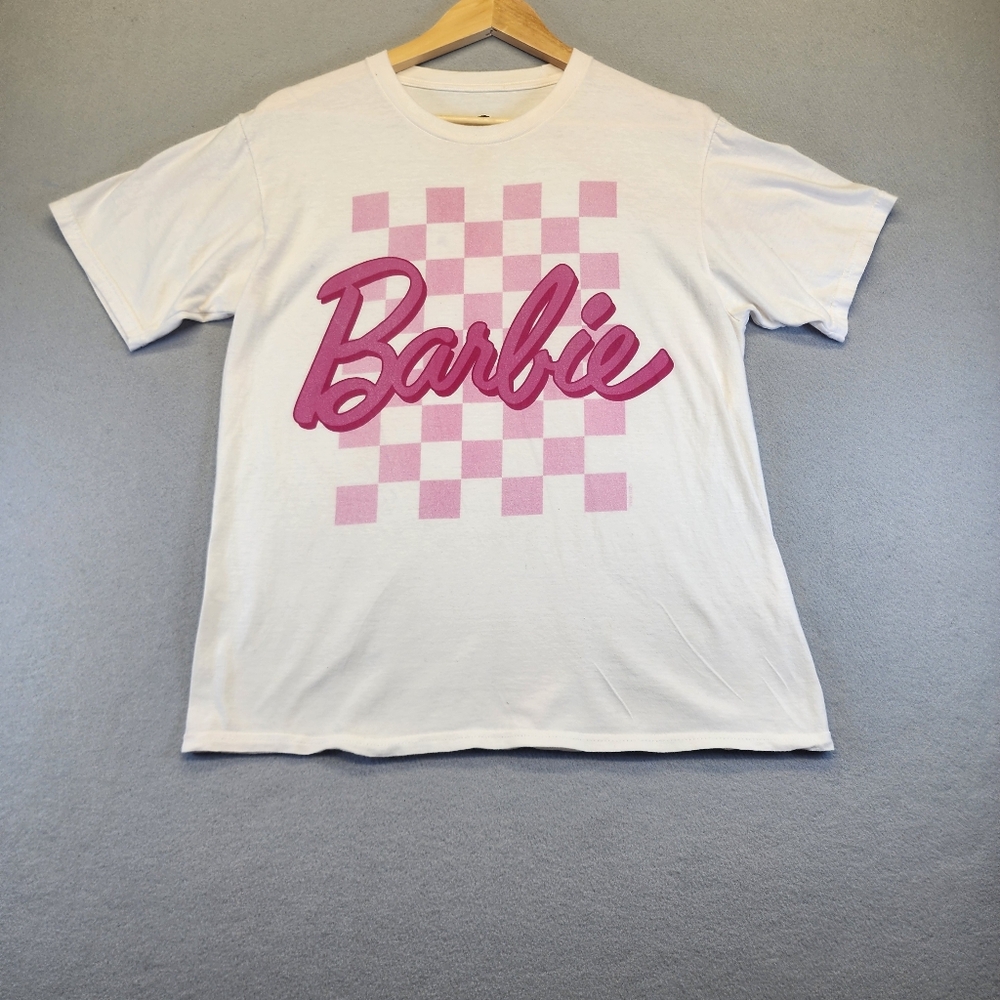 Barbie Mattel Graphic T-Shirt White Pink Checkered Logo Tee Barbiecore Retro L
